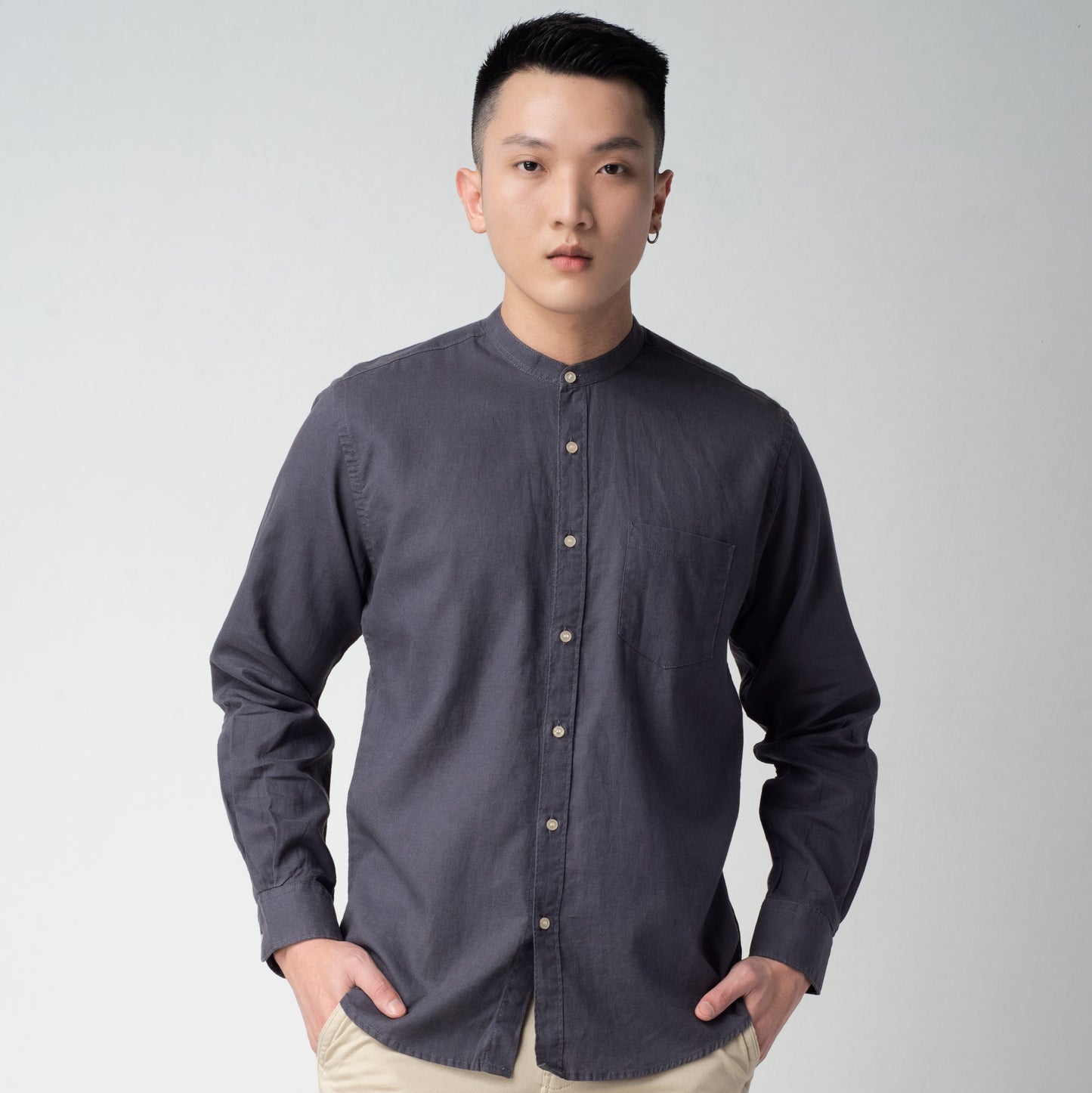 Benhill Kemeja Pria Polos Linen Lengan Panjang Krah Shanghai Grey 04-12671