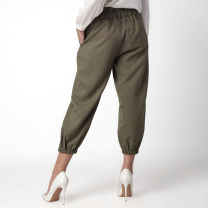Benhill Celana " Eunji"  Bahan Wanita High Waist Jogger Pant Pinggang Karet Olive 237-39775