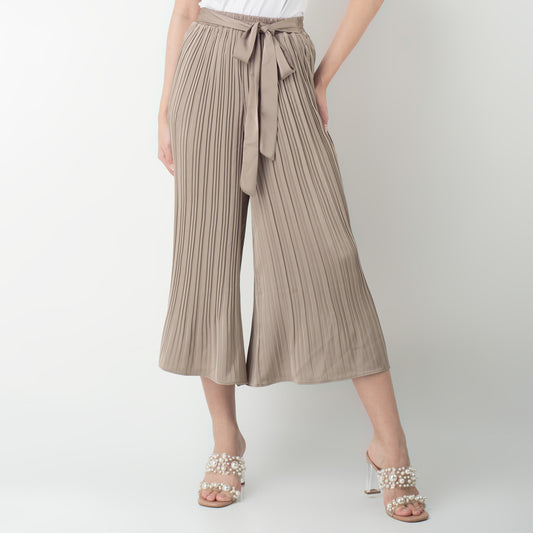 Benhill Celana Wanita "Yoana" Pants Pleated Cullotes Pinggang Karet Dengan Tali Pinggang Brown 279-39590