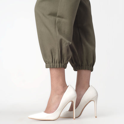 Benhill Celana " Eunji"  Bahan Wanita High Waist Jogger Pant Pinggang Karet Olive 237-39775