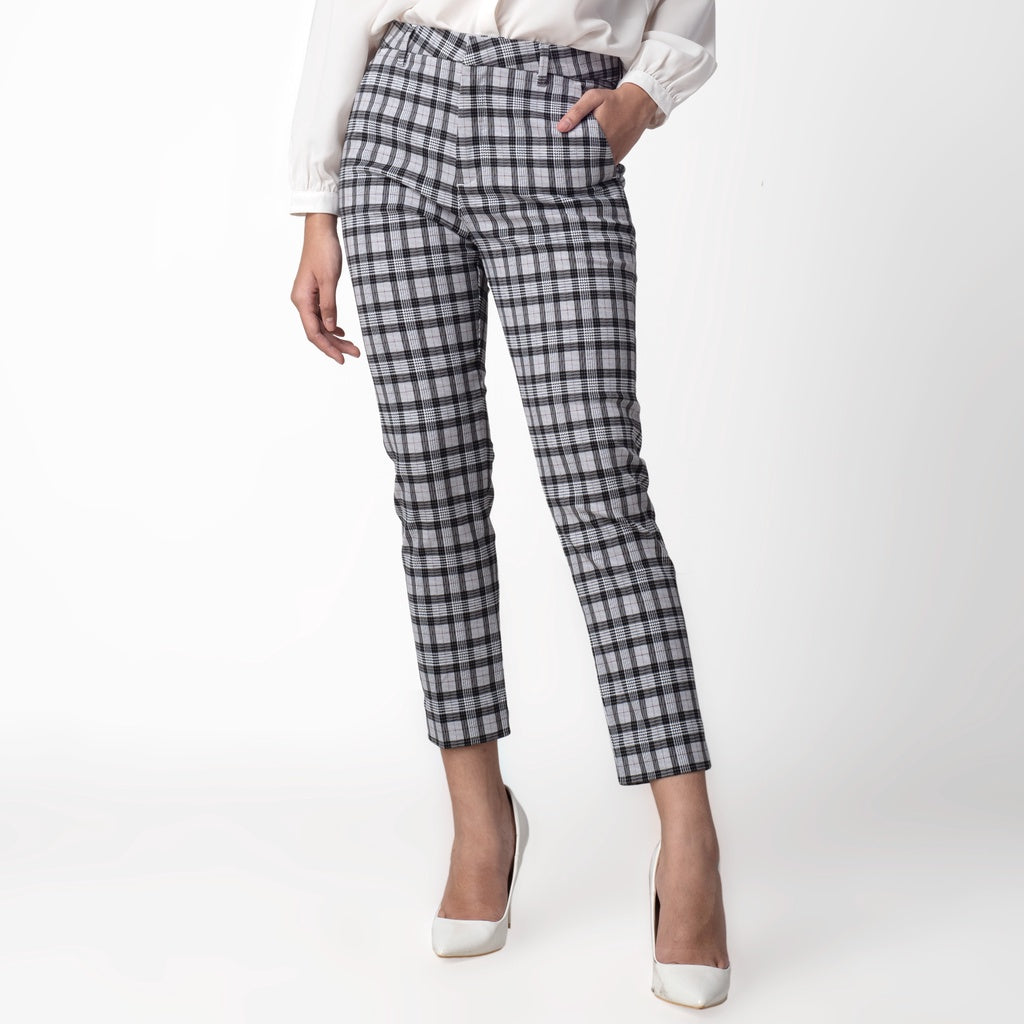 Celana Tartan Wanita "Narae" Plaid Pants Kotak White 261-32682