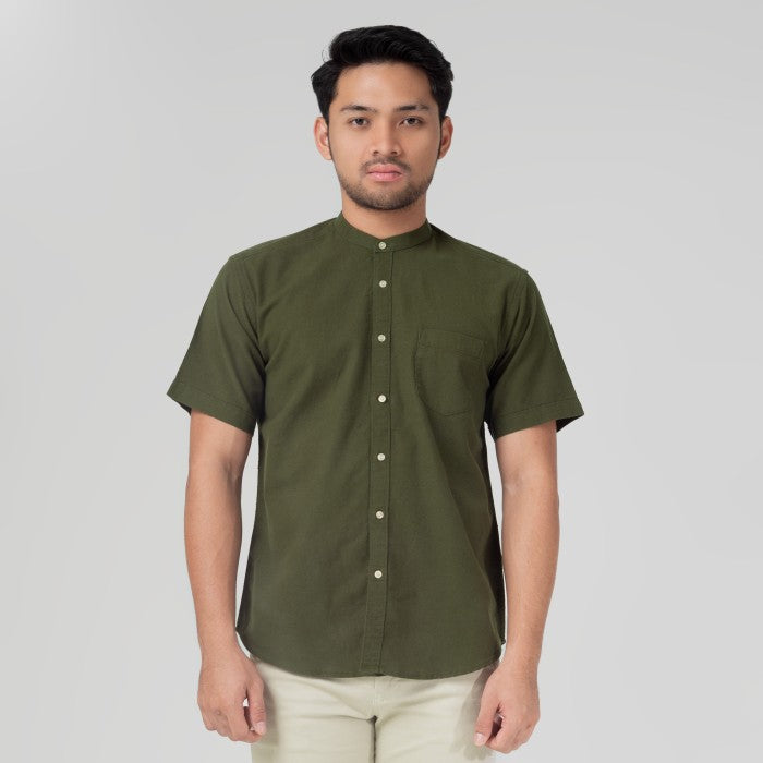 Benhill Kemeja Koko Pria Linen Polos Pendek Hijau Army 50008-16H10