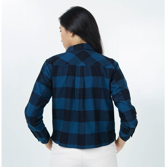 Benhill Kemeja Crop Top Wanita Flannel  Lengan Panjang Kotak Biru 738-11384