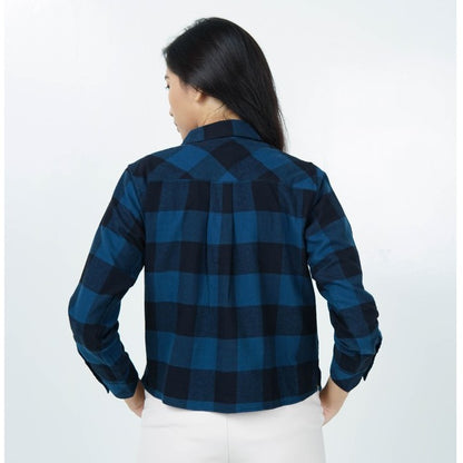 Benhill Kemeja Crop Top Wanita Flannel  Lengan Panjang Kotak Biru 738-11384