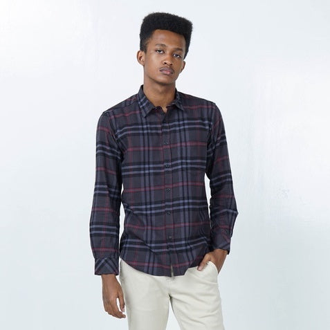 Benhill Kemeja Pria Flannel Lengan Panjang  Kotak Abu 43-11633