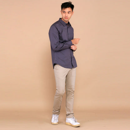 Benhill Kemeja Pria Basic Polos  Lengan Panjang  Bahan Spandex  Warna Abu 25042-32633
