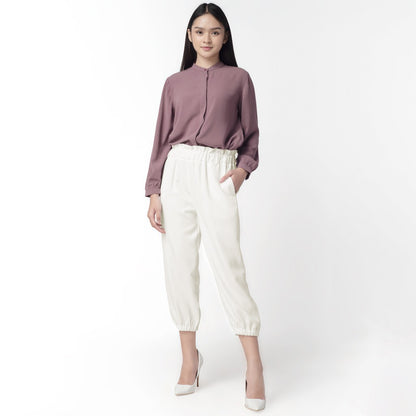 Benhill Celana " Eunji"  Bahan Wanita High Waist Jogger Pant Pinggang Karet  Off  White 220A-39175