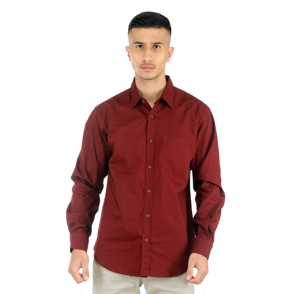 Benhill Kemeja Pria Basic Polos Lengan Panjang Katun Poplin Maroon 27365-66