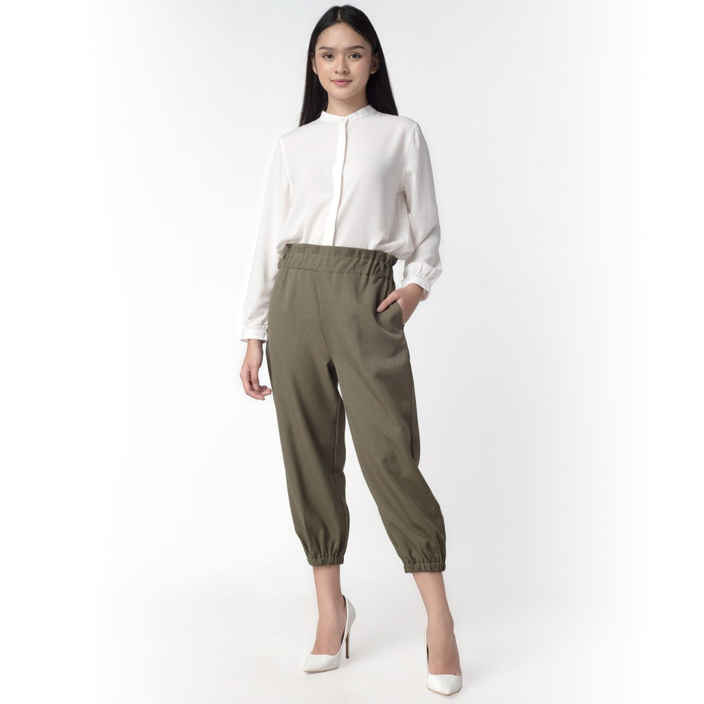 Benhill Celana " Eunji"  Bahan Wanita High Waist Jogger Pant Pinggang Karet Olive 237-39775