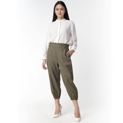 Benhill Celana " Eunji"  Bahan Wanita High Waist Jogger Pant Pinggang Karet Olive 237-39775