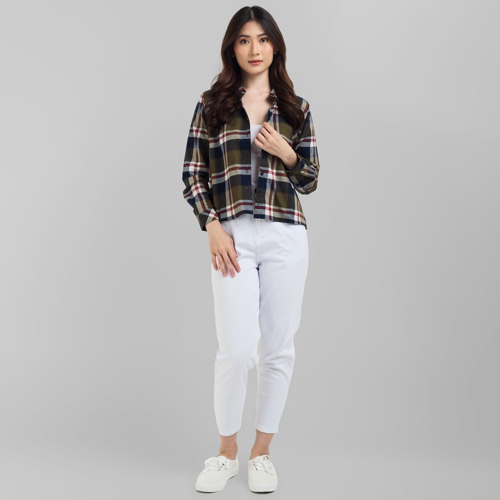 Benhill Kemeja Crop Top Wanita Flannel Lengan Panjang Kotak Hiaju 767-11784