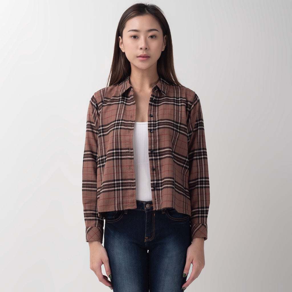 Benhill Kemeja Crop Top Wanita Flannel Lengan Panjang Kotak Coklat 751-11584