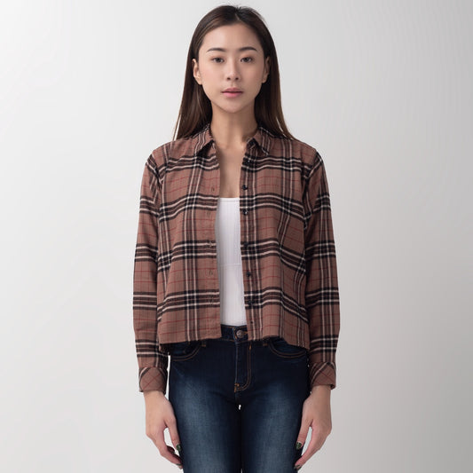 Benhill Kemeja Crop Top Wanita Flannel Lengan Panjang Kotak Coklat 751-11584