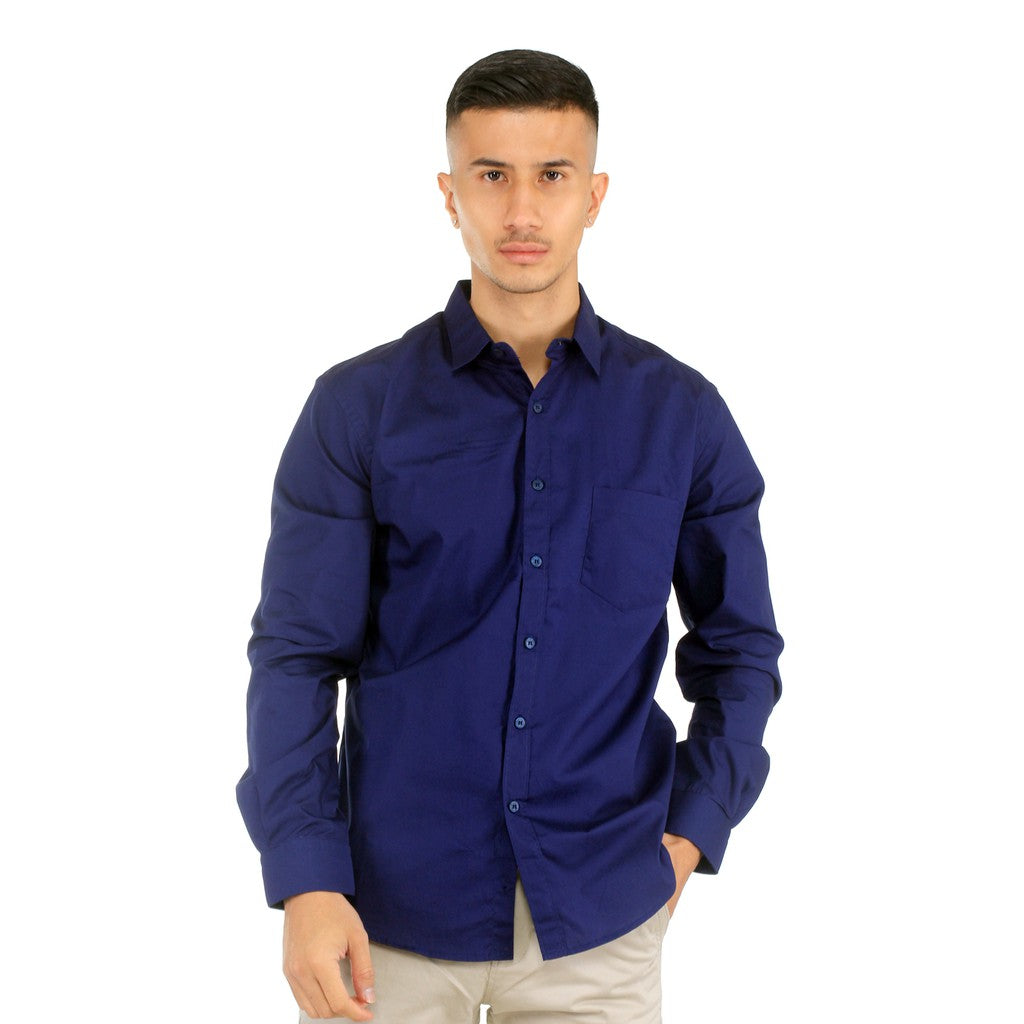 Benhill Kemeja Pria Basic Polos Lengan Panjang Katun Poplin Biru 27361-62