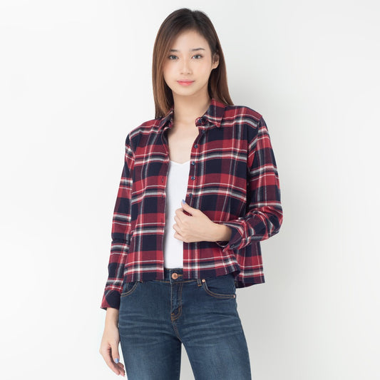 Benhill Kemeja Crop Top Wanita Flannel  Lengan Panjang Kotak Maroon 270-11484