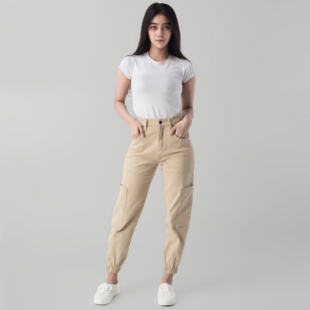 Benhill Celana " Sora" Wanita Cargo Jogger Pants  Cotton High Waist Khaki 850-39E12