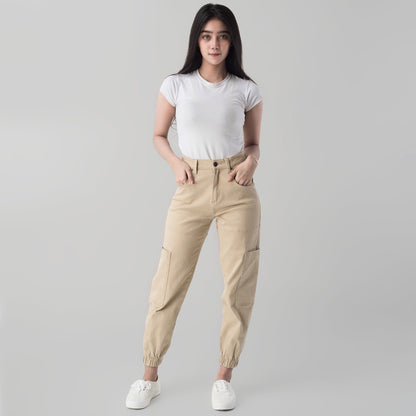 Benhill Celana " Sora" Wanita Cargo Jogger Pants  Cotton High Waist Khaki 850-39E12