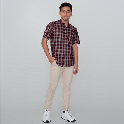 Benhill Kemeja Pria Herringbone Lengan Pendek Kotak Maroon 29455-41434