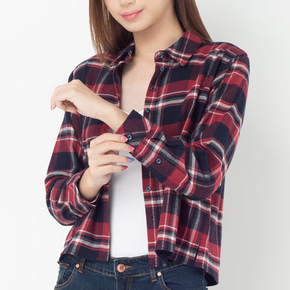 Benhill Kemeja Crop Top Wanita Flannel  Lengan Panjang Kotak Maroon 270-11484