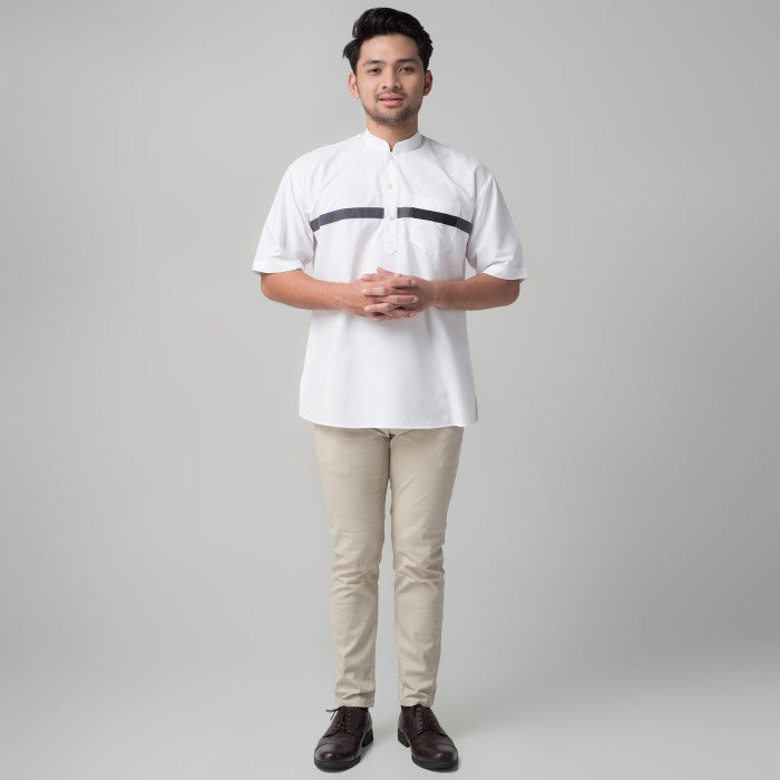 Benhill Baju Koko Pria Qurta Kurta Stripe Pendek Putih 29954-3211H