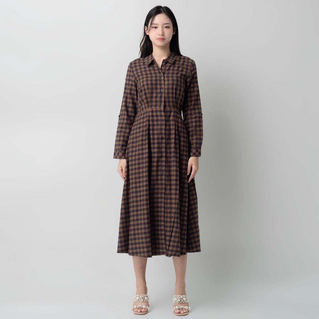 Benhill Gamis Wanita Flannel Lengan Panjang Kotak Coklat 0741-11530