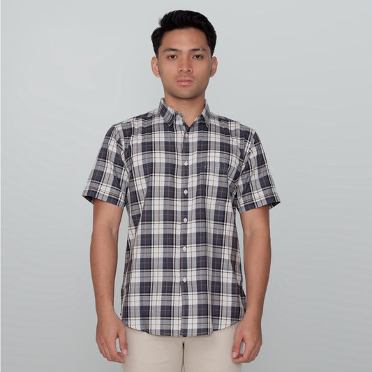 Benhill Kemeja Pria Herringbone Lengan Pendek Kotak Abu 29442-11134