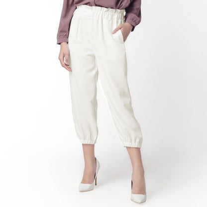 Benhill Celana " Eunji"  Bahan Wanita High Waist Jogger Pant Pinggang Karet  Off  White 220A-39175