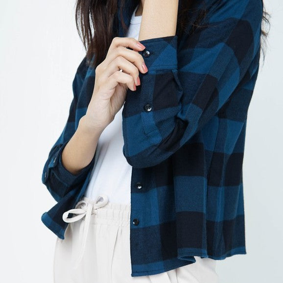 Benhill Kemeja Crop Top Wanita Flannel  Lengan Panjang Kotak Biru 738-11384