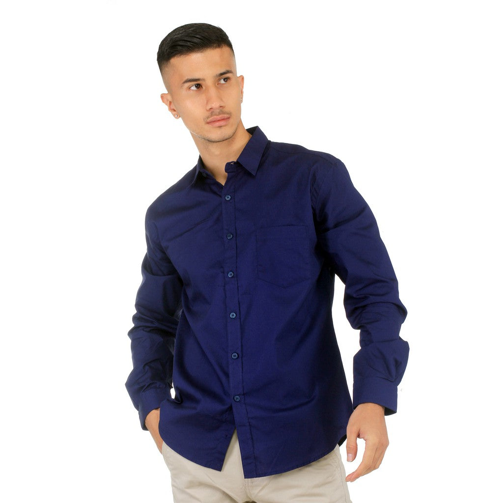Benhill Kemeja Pria Basic Polos Lengan Panjang Katun Poplin Biru 27361-62