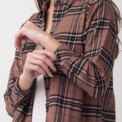 Benhill Kemeja Crop Top Wanita Flannel Lengan Panjang Kotak Coklat 751-11584