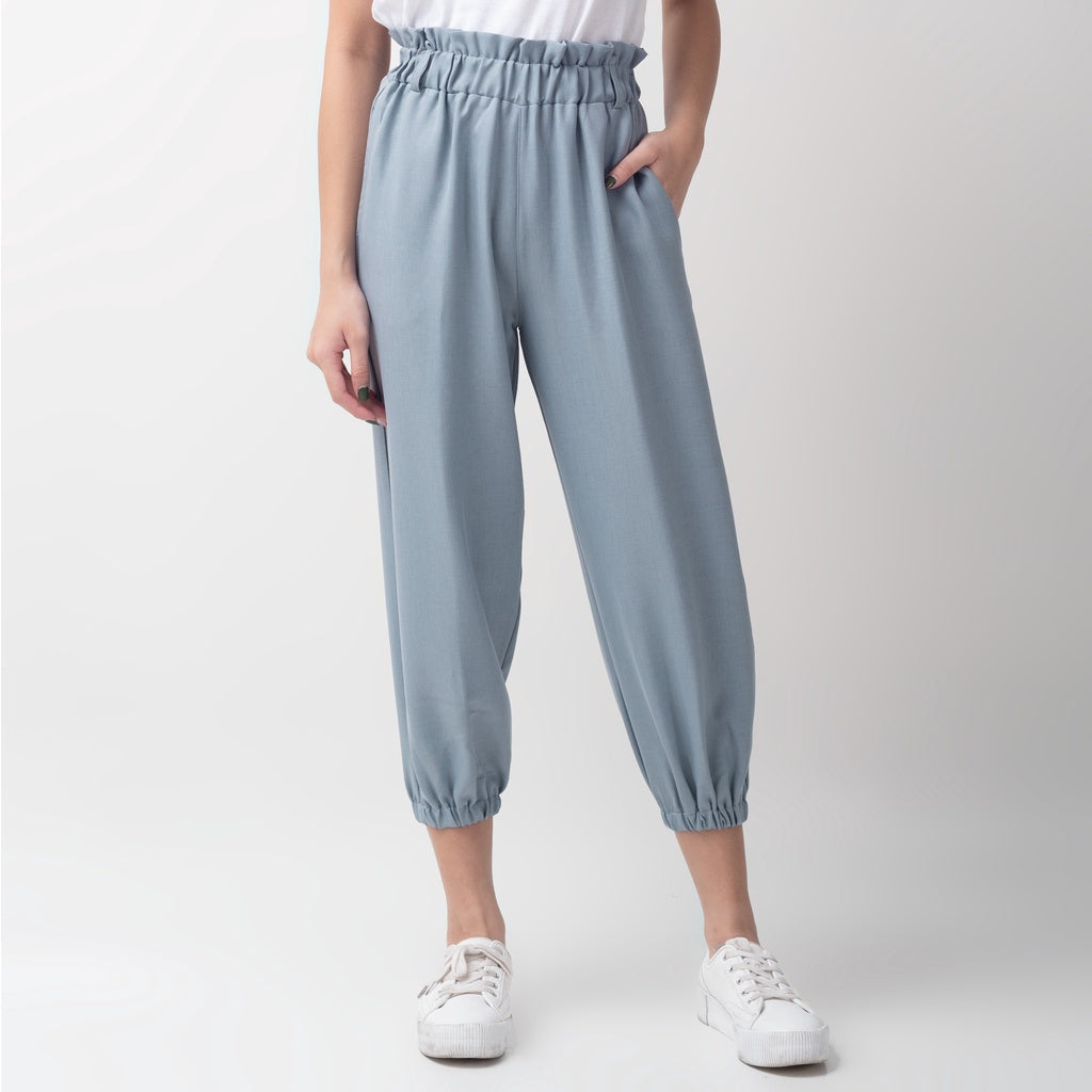 Benhill Celana " Eunji" Bahan Wanita High Waist Jogger Pant Pinggang Karet Dusty Blue 236-39375