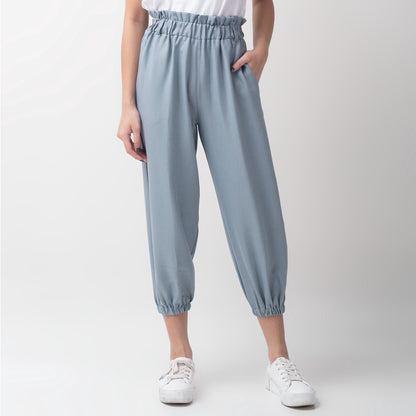 Benhill Celana " Eunji" Bahan Wanita High Waist Jogger Pant Pinggang Karet Dusty Blue 236-39375