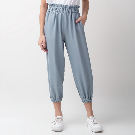Benhill Celana " Eunji" Bahan Wanita High Waist Jogger Pant Pinggang Karet Dusty Blue 236-39375