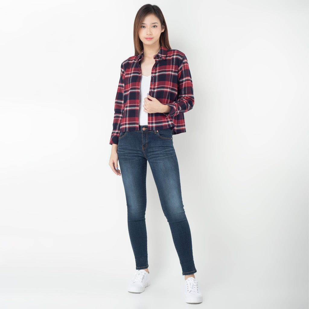 Benhill Kemeja Crop Top Wanita Flannel  Lengan Panjang Kotak Maroon 270-11484