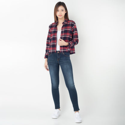 Benhill Kemeja Crop Top Wanita Flannel  Lengan Panjang Kotak Maroon 270-11484