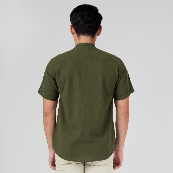 Benhill Kemeja Koko Pria Linen Polos Pendek Hijau Army 50008-16H10