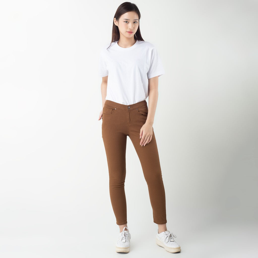 Benhill Celana  "Jiwon" Panjang Wanita Pinggang Karet Bahan Katun Stretch Warna Caramel Brown 205-22527