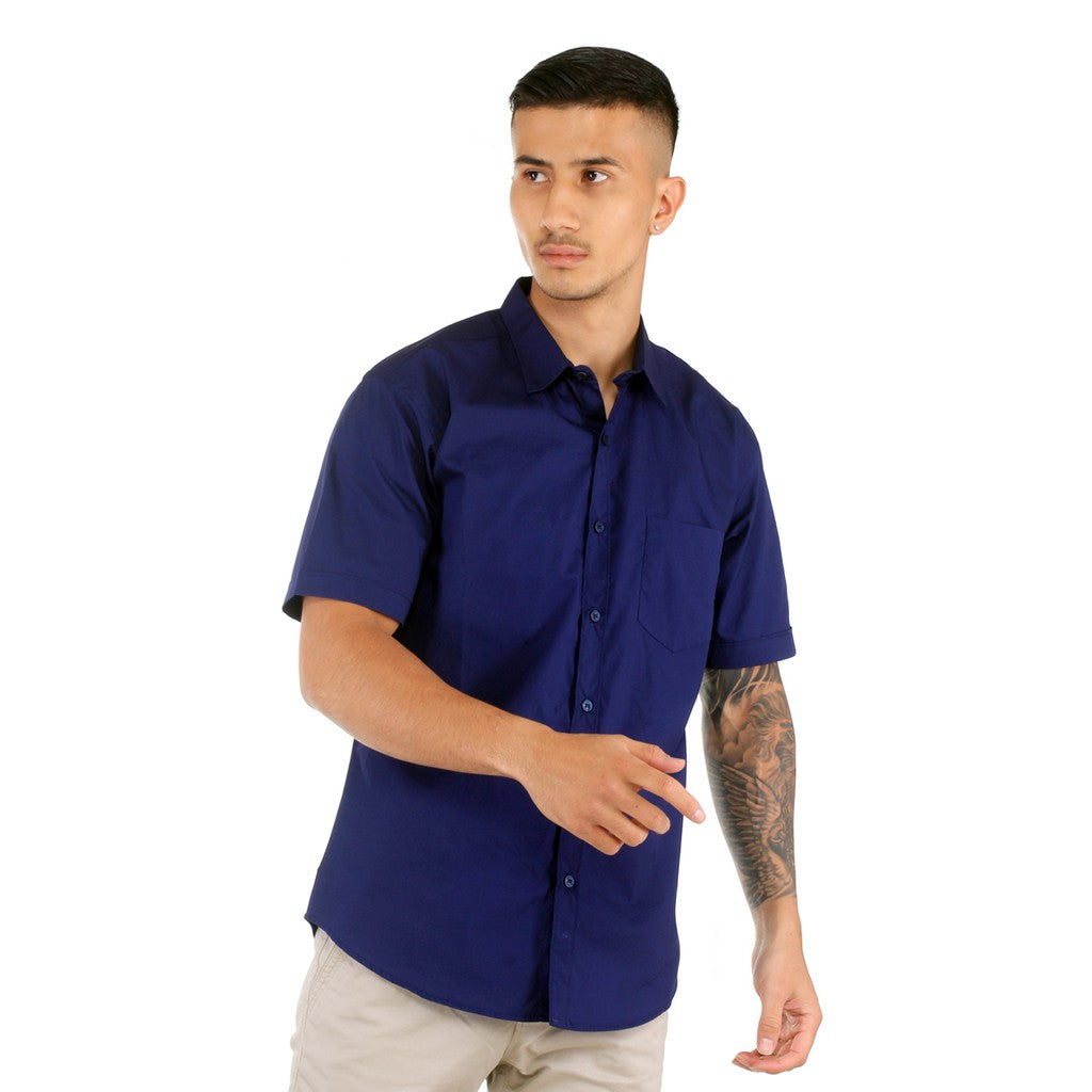 Benhill Kemeja Pria Basic Polos Lengan Pendek Katun Poplin Biru 27363-64