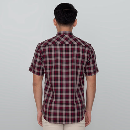 Benhill Kemeja Pria Herringbone Lengan Pendek Kotak Maroon 29455-41434