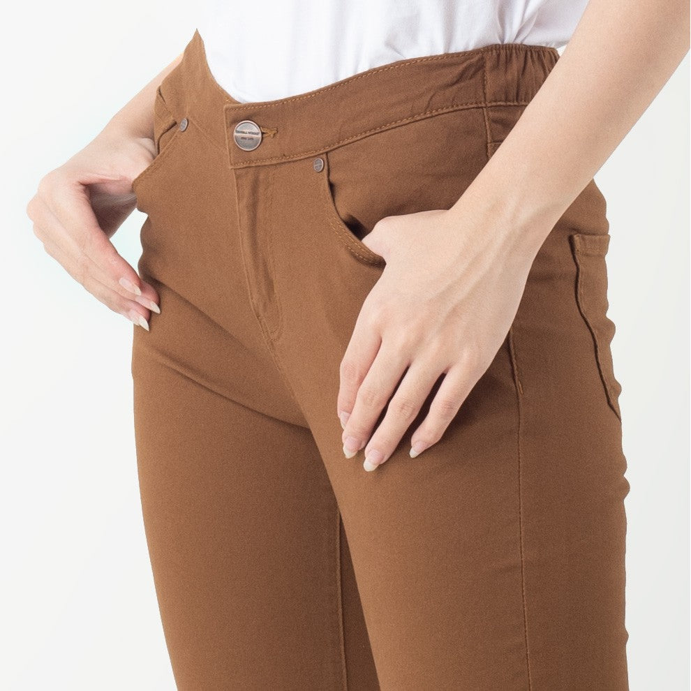 Benhill Celana  "Jiwon" Panjang Wanita Pinggang Karet Bahan Katun Stretch Warna Caramel Brown 205-22527