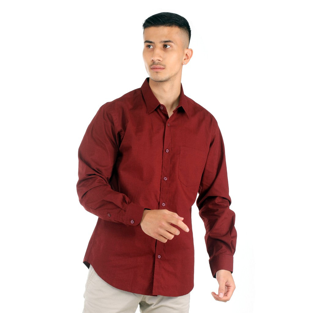 Benhill Kemeja Pria Basic Polos Lengan Panjang Katun Poplin Maroon 27365-66