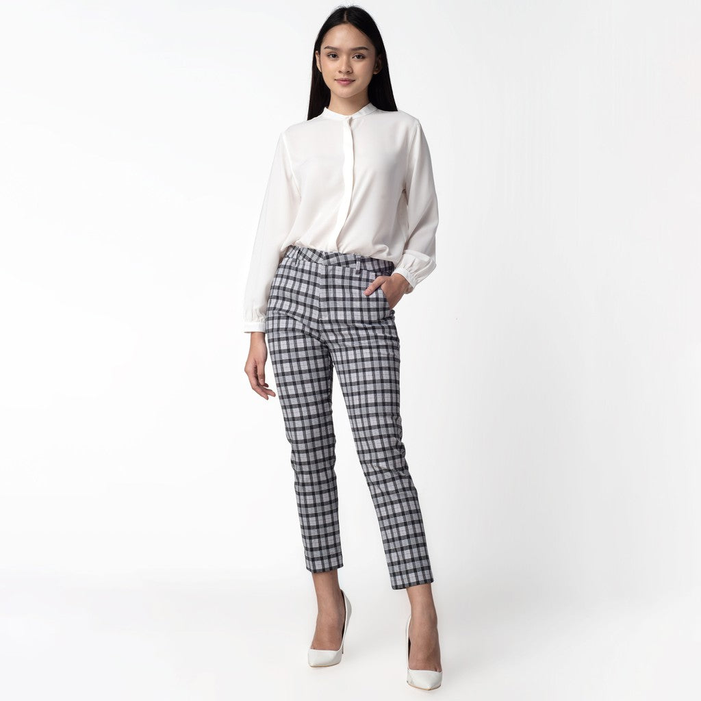 Celana Tartan Wanita "Narae" Plaid Pants Kotak White 261-32682