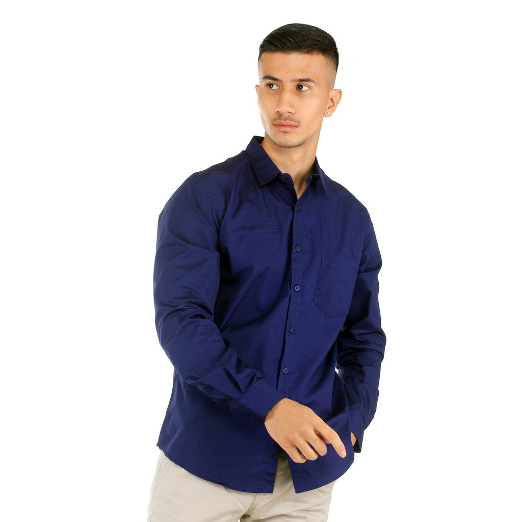 Benhill Kemeja Pria Basic Polos Lengan Panjang Katun Poplin Biru 27361-62