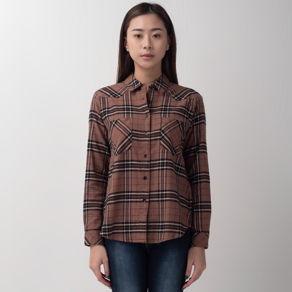 Benhill Kemeja Wanita Flannel Lengan Panjang Kotak Coklat 753-11562