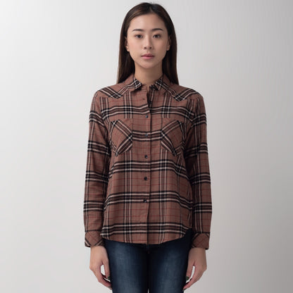 Benhill Kemeja Wanita Flannel Lengan Panjang Kotak Coklat 753-11562