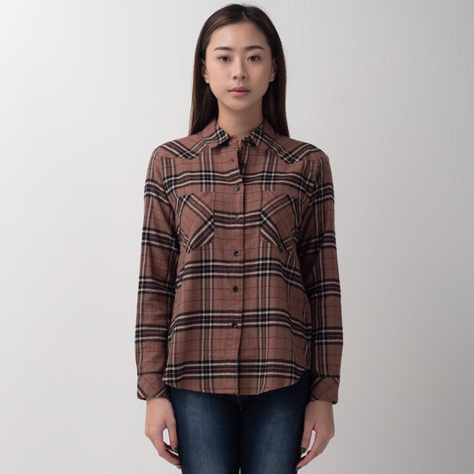 Benhill Kemeja Wanita Flannel Lengan Panjang Kotak Coklat 753-11562