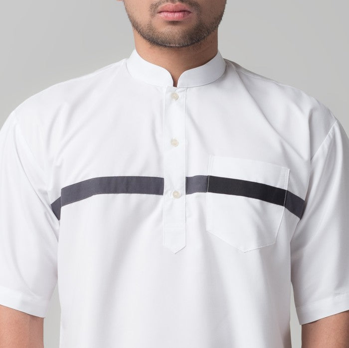 Benhill Baju Koko Pria Qurta Kurta Stripe Pendek Putih 29954-3211H
