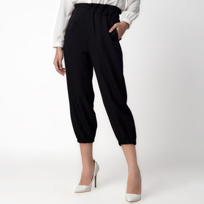 Benhill Celana " Eunji"  Bahan Wanita High Waist Jogger Pant Pinggang Karet Black 219-39275