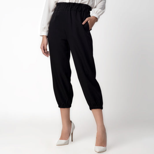 Benhill Celana " Eunji"  Bahan Wanita High Waist Jogger Pant Pinggang Karet Black 219-39275