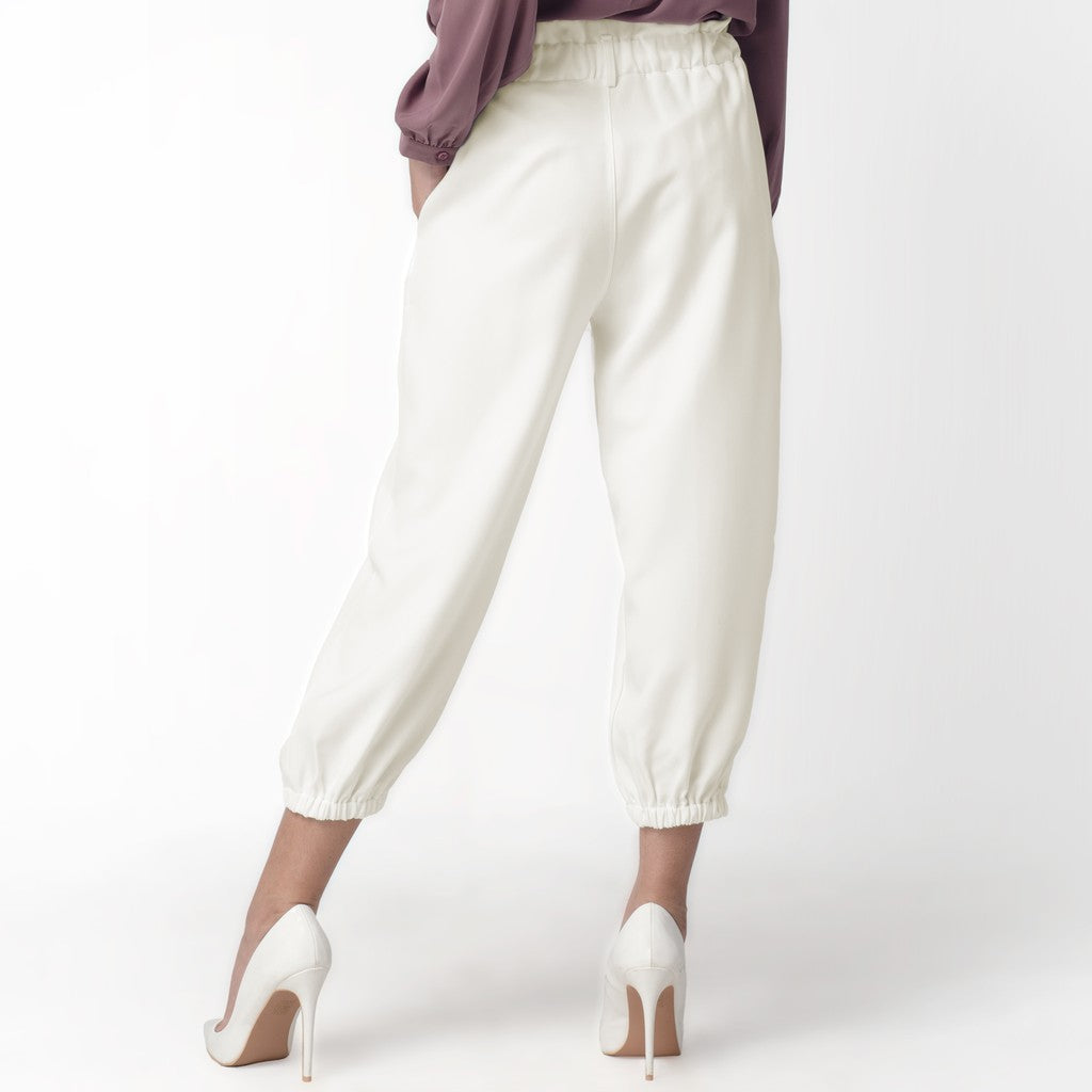 Benhill Celana " Eunji"  Bahan Wanita High Waist Jogger Pant Pinggang Karet  Off  White 220A-39175